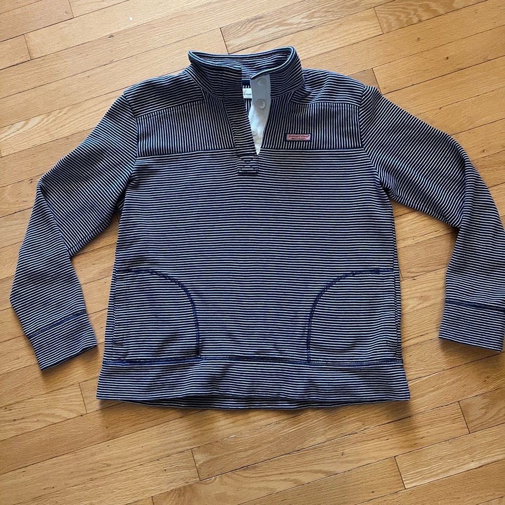 Vineyard Vines Striped Button-Up Sweater in Navy and White